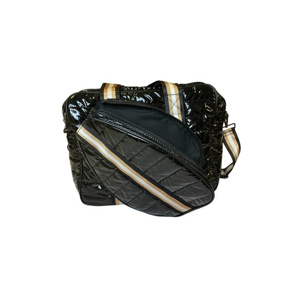Black Quilted Pickleball Bag Puffer Stripe Strap Paddle Pocket - Picture 5 of 14